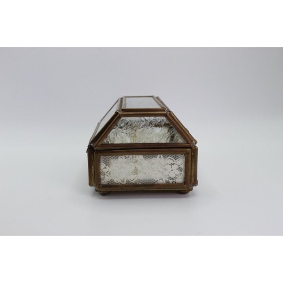 Via Vermont Vintage Glass & Brass Jewelry Box With Etched Floral Detail & Hinged - Picture 10 of 13